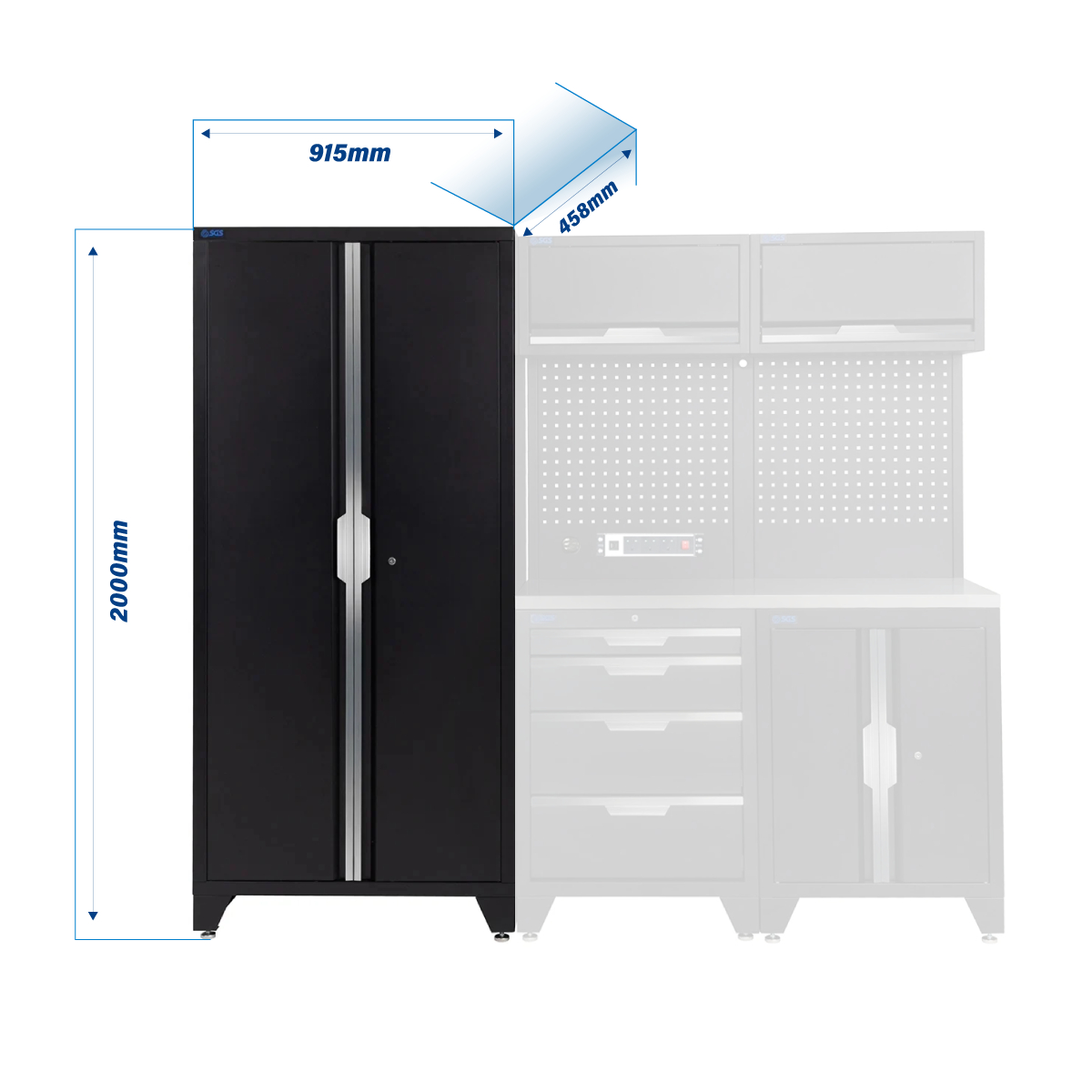 SGS 7pc Modular Garage Storage | 4 Drawers | Stainless Steel Worktop | Floor Cabinet | 2x Upper Cabinets | Tall Double Cabinet | Pegboard with Power Strip